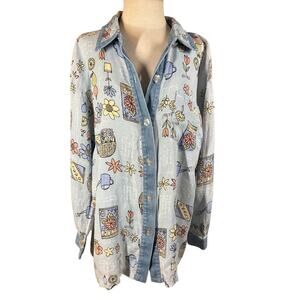 Vintage 90s Garden Novelty Print Linen Denim Oversized Shirt Casual L Gardening